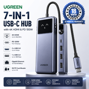 UGREEN 7-in-1 USB-C Hub with 4K HDMI, PD 100W Fast Charging, Gigabit Ethernet and USB 3.0 Ports in Luxury Dark Theme