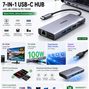 UGREEN 7-in-1 USB-C Hub with 4K HDMI, PD 100W Fast Charging, Gigabit Ethernet and USB 3.0 Ports in Luxury Dark Theme