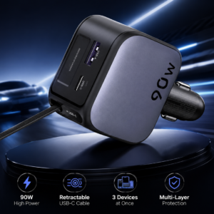 UGREEN 90W Fast Car Charger with Retractable USB-C Cable displayed on a futuristic speed-themed background for fast charging and multi-device compatibility.