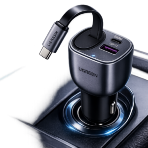 UGREEN 90W Fast Car Charger with Retractable USB-C Cable displayed on a futuristic speed-themed background for fast charging and multi-device compatibility.