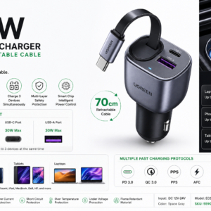 UGREEN 90W Fast Car Charger with Retractable USB-C Cable displayed on a futuristic speed-themed background for fast charging and multi-device compatibility.