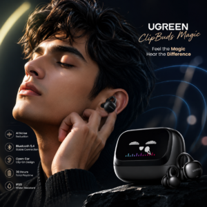 Young man wearing UGREEN ClipBuds Magic True Wireless Earbuds with smart touchscreen charging case, showcasing open-ear clip-on design, Bluetooth 5.4 connectivity, AI noise reduction, and premium listening experience.