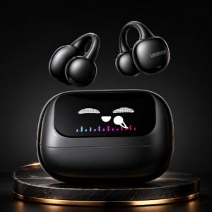 UGREEN ClipBuds Magic True Wireless Earbuds luxury black theme product showcase with smart touchscreen charging case and premium open-ear clip-on design.