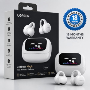 UGREEN ClipBuds Magic True Wireless Earbuds White retail box with smart touchscreen charging case, open-ear earbuds, and 18 months warranty badge.