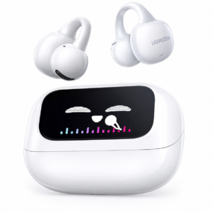 UGREEN ClipBuds Magic True Wireless Earbuds White with smart touchscreen charging case and open-ear clip-on earbuds isolated on a clean white background.
