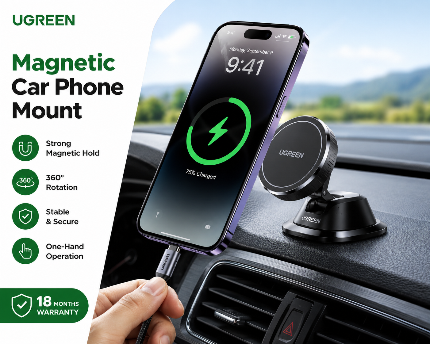 UGREEN Dashboard Magnetic Car Phone Mount mounted on a car dashboard with a premium sunset background, showcasing a foldable magnetic design for secure smartphone holding while driving.
