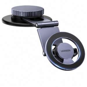 UGREEN Dashboard Magnetic Car Phone Mount mounted on a car dashboard with a premium sunset background, showcasing a foldable magnetic design for secure smartphone holding while driving.