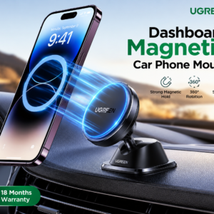 UGREEN Dashboard Magnetic Car Phone Mount mounted on a car dashboard with a premium sunset background, showcasing a foldable magnetic design for secure smartphone holding while driving.