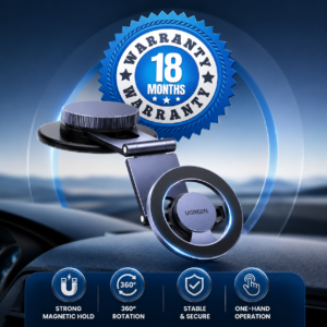 UGREEN Dashboard Magnetic Car Phone Mount mounted on a car dashboard with a premium sunset background, showcasing a foldable magnetic design for secure smartphone holding while driving.