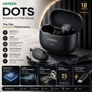 UGREEN Dots Bluetooth 6.0 TWS Earbuds with charging case, AI ENC noise cancellation, 35-hour battery life, and 18 months warranty promotional banner.