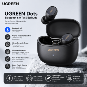 UGREEN Dots Bluetooth 6.0 TWS Earbuds feature infographic highlighting AI ENC Noise Cancellation, 10mm Dynamic Driver, 35-hour battery life, IPX5 water resistance, and 18 months warranty.