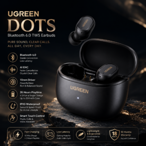 UGREEN Dots Bluetooth 6.0 TWS Earbuds luxury dark theme promotional banner featuring AI ENC noise cancellation, 35-hour battery life, 10mm dynamic driver, and 18 months warranty.