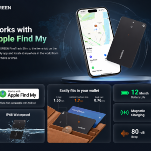 UGREEN FineTrack Slim Smart Finder promotional banner showing Apple Find My compatibility, IP68 waterproof protection, 80dB loud alarm, magnetic charging, and 12-month battery life.