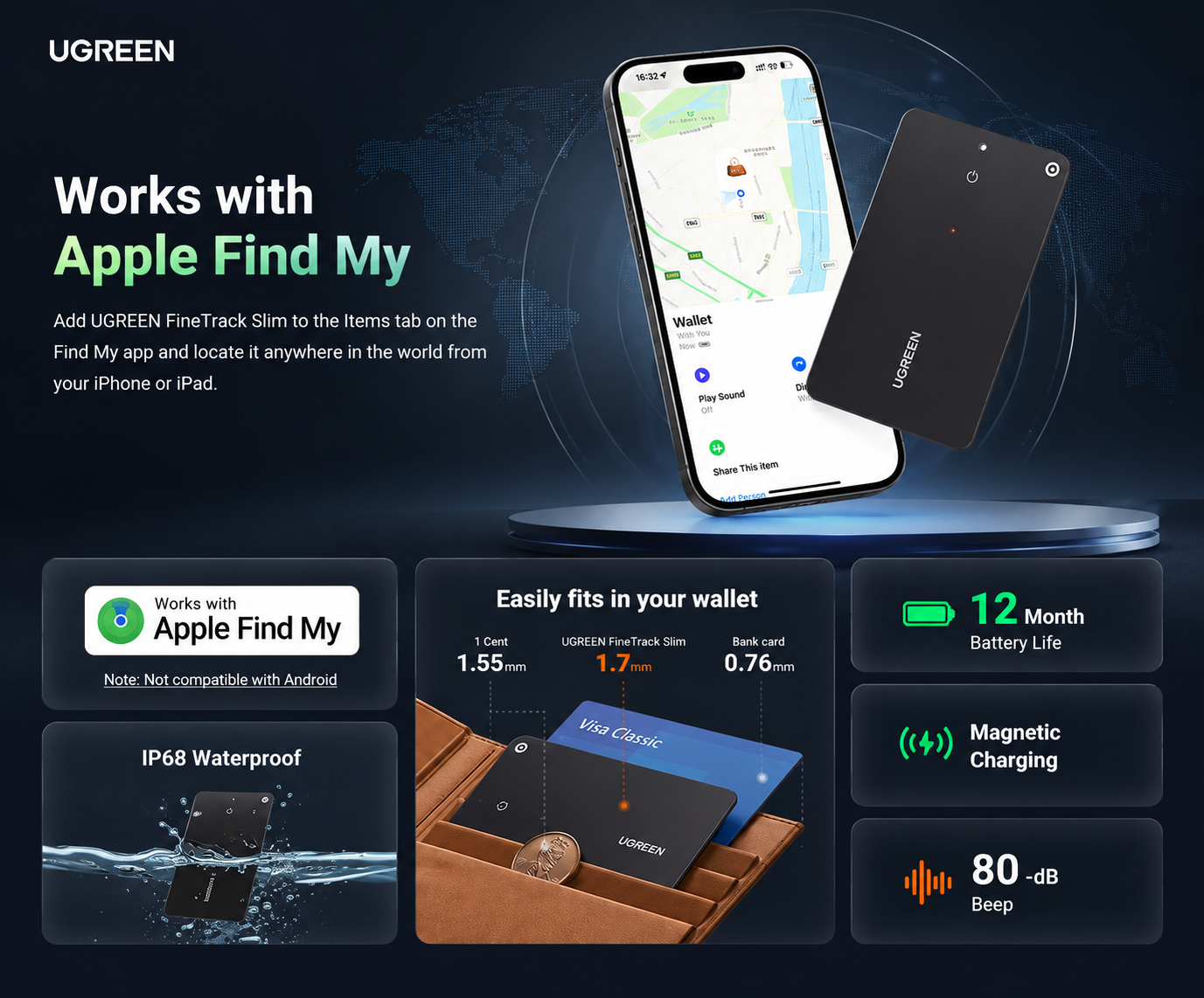 UGREEN FineTrack Slim Smart Finder promotional banner showing Apple Find My compatibility, IP68 waterproof protection, 80dB loud alarm, magnetic charging, and 12-month battery life.