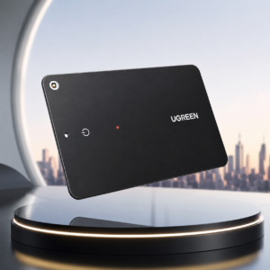 UGREEN FineTrack Slim Smart Finder floating above a premium illuminated platform with a futuristic cityscape background, showcasing its ultra-slim Apple Find My compatible tracking design.