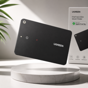 UGREEN FineTrack Slim Smart Finder Premium Product Showcase UGREEN FineTrack Slim Smart Finder displayed on a premium pedestal with retail packaging, showcasing its ultra-slim Apple Find My compatible tracking design.