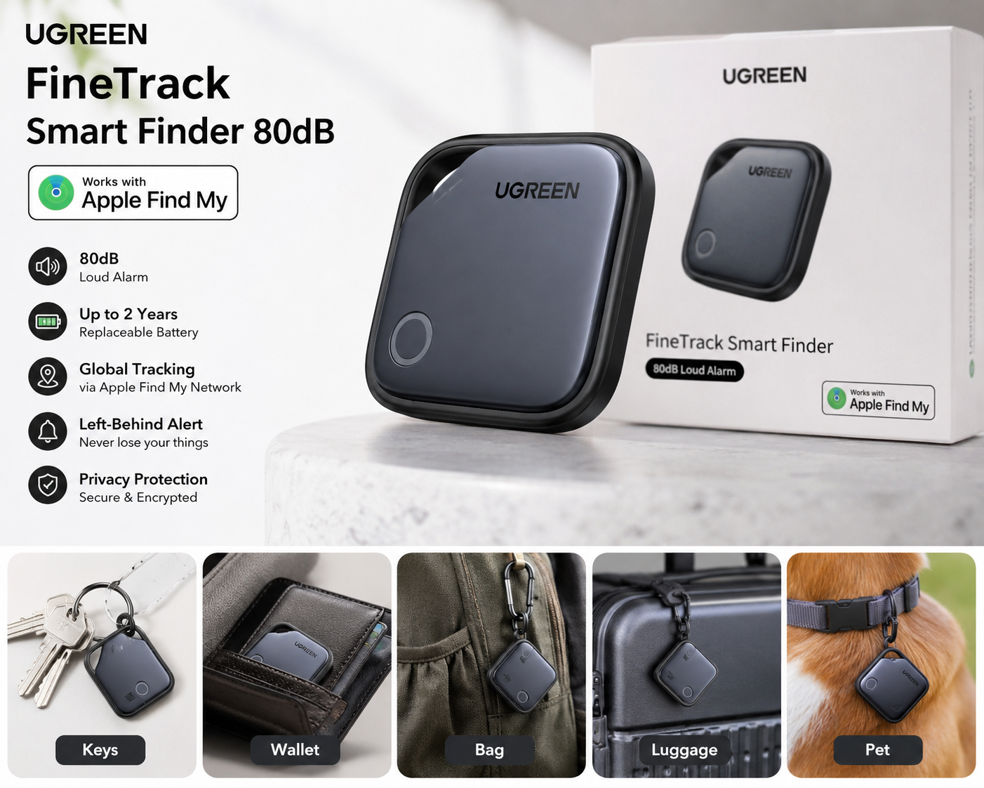 UGREEN FineTrack Smart Finder 80dB Bluetooth tracker with Apple Find My support, 2-year replaceable battery, and global item tracking for keys, wallet, bag, luggage, and pets.