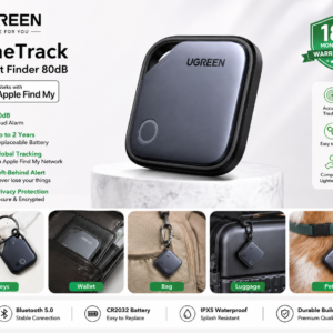 UGREEN FineTrack Smart Finder 80dB E-Commerce Banner UGREEN FineTrack Smart Finder 80dB e-commerce promotional banner showcasing Apple Find My compatibility, 2-year battery life, global tracking, privacy protection, and multiple usage scenarios.