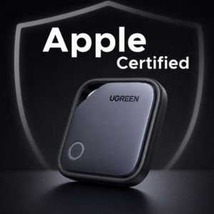 UGREEN FineTrack Smart Finder 80dB in a luxury dark theme with Apple Certified badge, premium black background, and reflective product showcase.