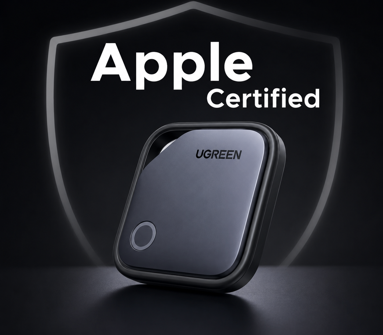 UGREEN FineTrack Smart Finder 80dB – Luxury Dark Theme UGREEN FineTrack Smart Finder 80dB in a luxury dark theme with Apple Certified badge, premium black background, and reflective product showcase.