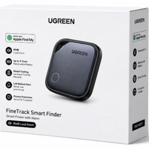 UGREEN FineTrack Smart Finder 80dB Retail Box UGREEN FineTrack Smart Finder 80dB retail packaging box featuring Apple Find My certification, 2-year replaceable battery, Bluetooth tracking, and global item finder technology.
