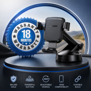 UGREEN Gravity Suction Cup Car Phone Holder with 18 Months Warranty badge, powerful suction mount, adjustable arm, and premium black design