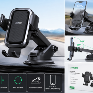 UGREEN Gravity Suction Cup Car Phone Holder with auto-lock gravity grip, 360-degree rotation, powerful suction mount, and adjustable arm in black color