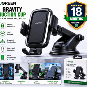 UGREEN Gravity Suction Cup Car Phone Holder LP200 with 18 Months Warranty, gravity auto-lock technology, 360° rotation, and powerful suction cup mount