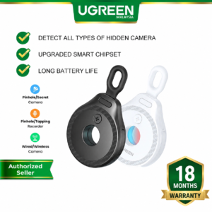 UGREEN Hidden Infrared Camera Detector Features & Warranty UGREEN Hidden Infrared Camera Detector promotional infographic highlighting hidden camera detection, upgraded smart chipset, long battery life, and 18 Months Warranty.
