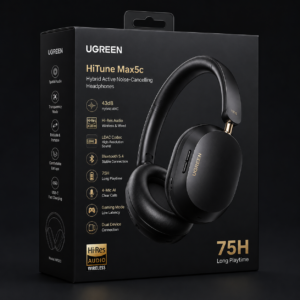 UGREEN HiTune Max5c Hybrid ANC Wireless Headphones retail box packaging with 43dB noise cancellation, Hi-Res Audio, LDAC codec, Bluetooth 5.4, and 75-hour battery life.