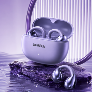 UGREEN HiTune S3 True Wireless Earbuds Purple with charging case displayed on a luxury purple stone platform in a premium studio background.