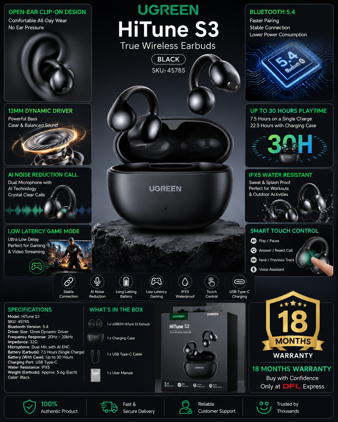 UGREEN HiTune S3 True Wireless Earbuds Black feature overview with Bluetooth 5.4, 12mm Dynamic Driver, AI Noise Reduction, IPX5 Waterproof, 30 Hours Playtime and 18 Months Warranty