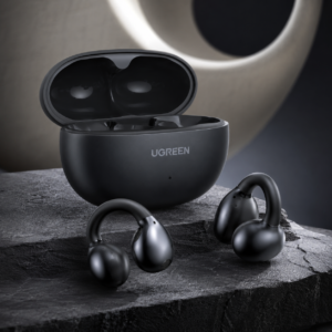 UGREEN HiTune S3 True Wireless Earbuds Black premium product image with charging case and open-ear clip-on earbuds on luxury black stone background