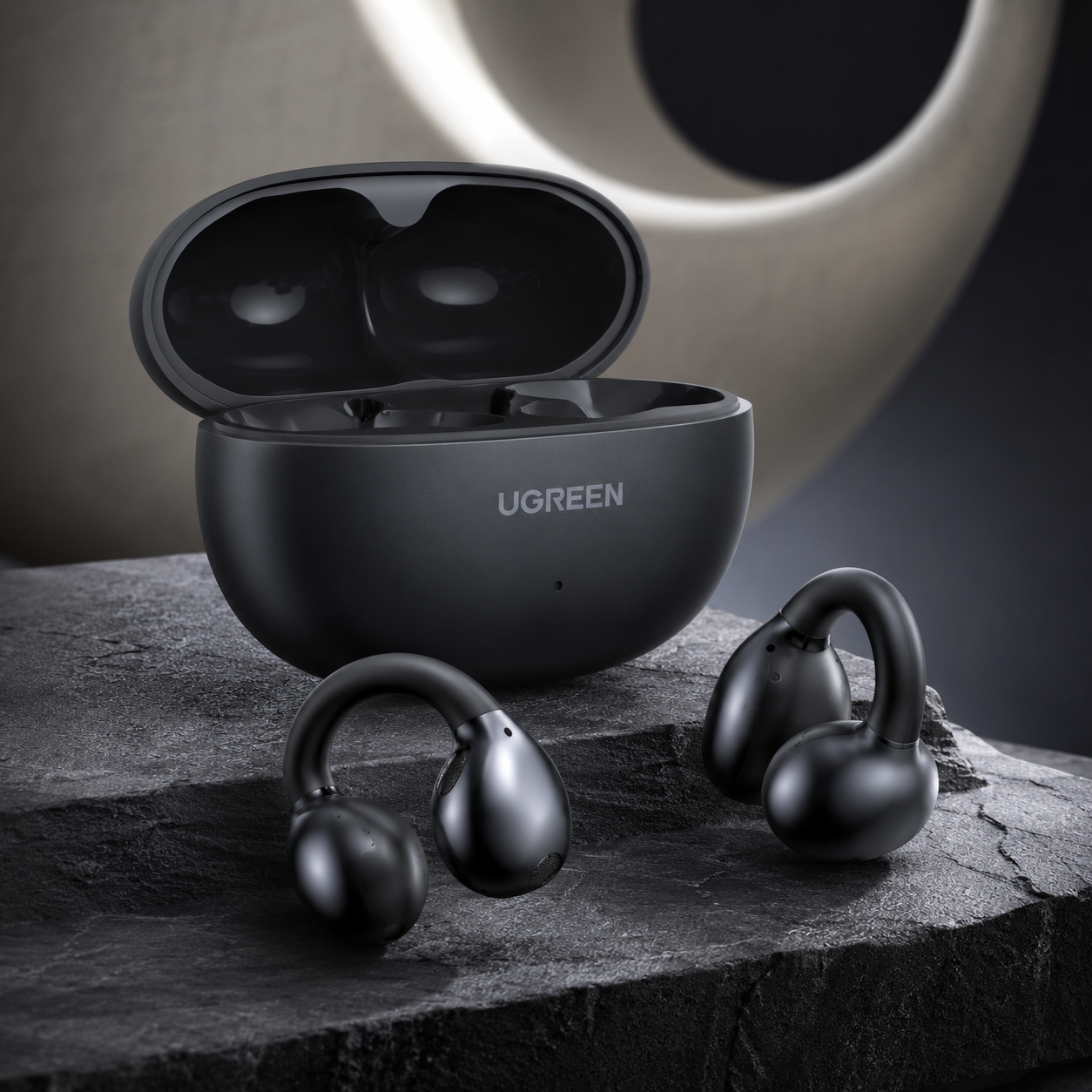 UGREEN HiTune S3 True Wireless Earbuds Black Premium Product Image | SKU-45785 UGREEN HiTune S3 True Wireless Earbuds Black premium product image with charging case and open-ear clip-on earbuds on luxury black stone background