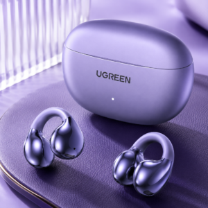 UGREEN HiTune S3 True Wireless Earbuds Purple with charging case displayed in a premium luxury purple background for eCommerce product showcase.
