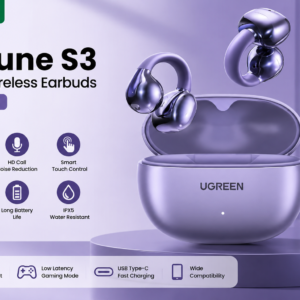 UGREEN HiTune S3 True Wireless Earbuds Purple promotional banner featuring premium wireless earbuds, Hi-Fi stereo sound, smart touch control, Bluetooth connectivity, and 18 Months Warranty.