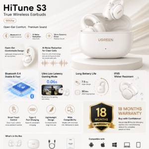 UGREEN HiTune S3 True Wireless Earbuds White infographic featuring Bluetooth 5.4, AI Noise Reduction, 12mm Dynamic Driver, 30 Hours Playtime, IPX5 Water Resistance and 18 Months Warranty.