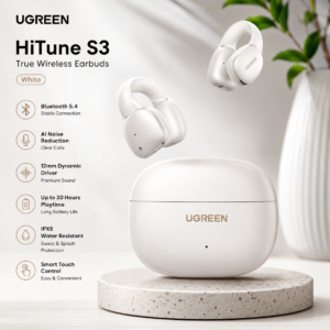 UGREEN HiTune S3 True Wireless Earbuds White promotional image featuring Bluetooth 5.4, AI Noise Reduction, 12mm Dynamic Driver, IPX5 Water Resistance, 30 Hours Playtime and Smart Touch Control.