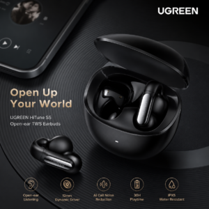 UGREEN HiTune S5 Open-Ear TWS Earbuds Black with premium dark music-themed background highlighting 12mm dynamic driver, AI call noise reduction, 30-hour battery life, and IPX5 water resistance.