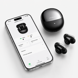 UGREEN HiTune S5 TWS Earbuds Black connected with mobile app interface showing battery status, equalizer settings, and smart touch controls.