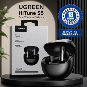 UGREEN HiTune S5 True Wireless Earbuds Black with retail box and 18 Months Warranty badge displayed in a premium e-commerce promotional setup.