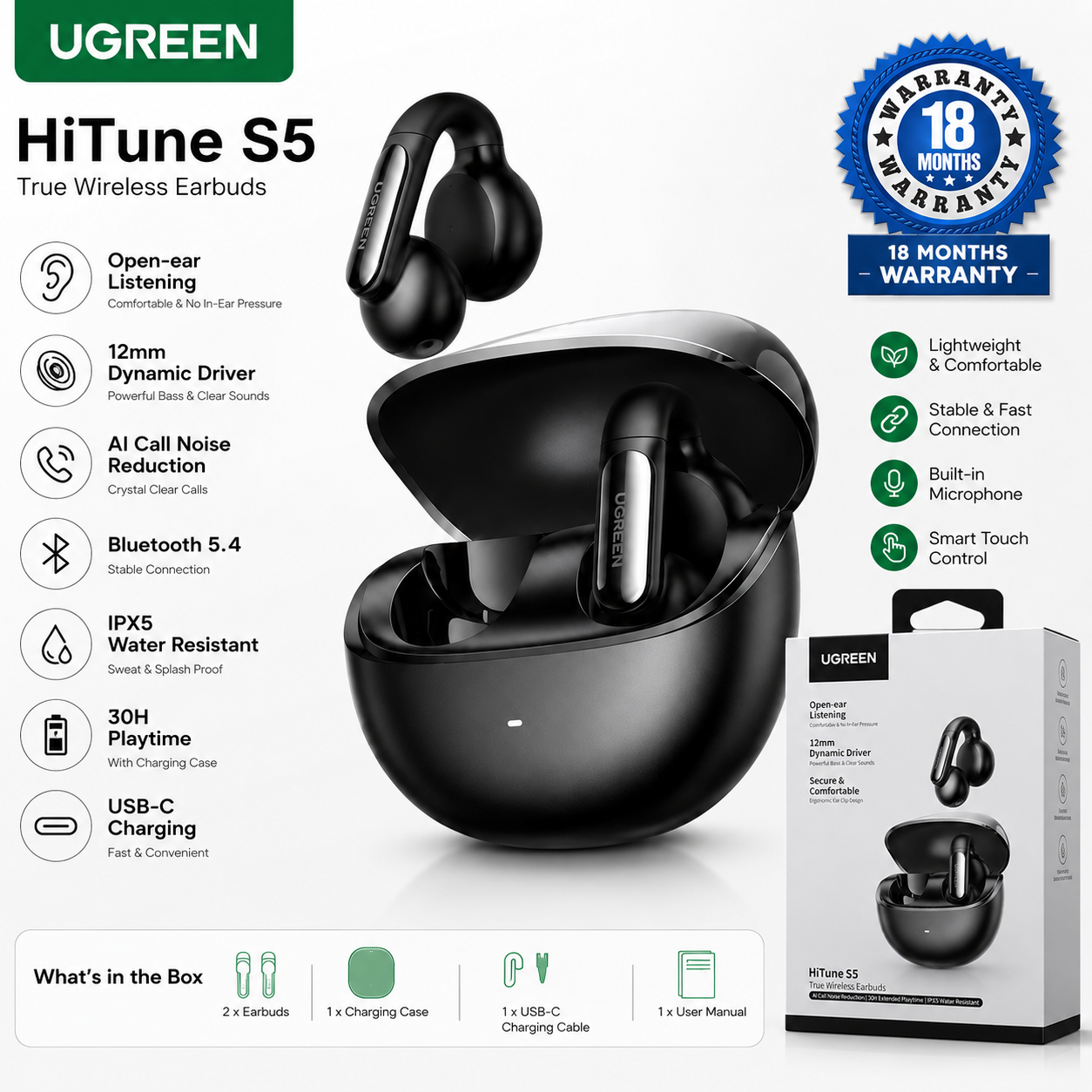 UGREEN HiTune S5 True Wireless Earbuds Black e-commerce product banner featuring Bluetooth 5.4, AI call noise reduction, IPX5 water resistance, 30-hour playtime, and 18 months warranty.