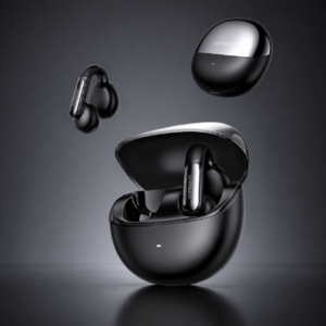 UGREEN HiTune S5 TWS Earbuds Black with charging case floating on a premium dark background showcasing open-ear wireless audio design.