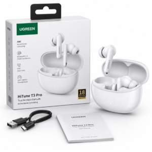 UGREEN HiTune T3 Pro ANC Earbuds retail box with charging case, USB-C cable, user manual, and 18 months warranty