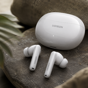 UGREEN HiTune T3 Pro ANC wireless earbuds with charging case displayed on natural stone background for premium product showcase