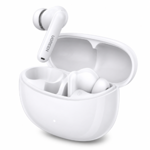UGREEN HiTune T3 Pro Active Noise Cancelling Wireless Earbuds with charging case in white color isolated on clean background