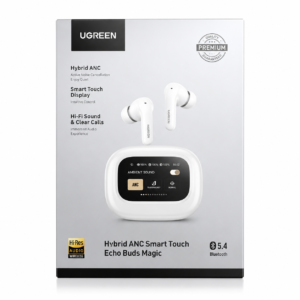 UGREEN Hybrid ANC Smart Touch Echo Buds Magic retail box packaging featuring smart display charging case, Hybrid ANC, Hi-Res Audio, and Bluetooth 5.4.