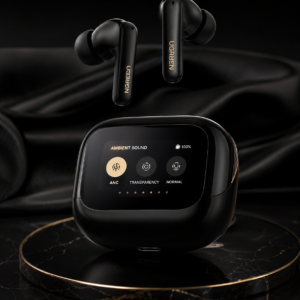 UGREEN Hybrid ANC Smart Touch Echo Earbuds luxury black theme product image with premium wireless earbuds and smart display charging case