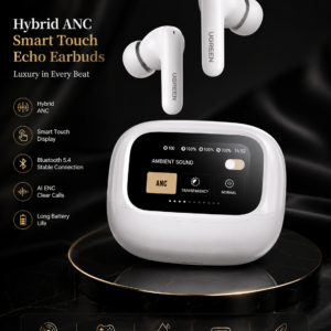 UGREEN Hybrid ANC Smart Touch Echo Earbuds White with smart display charging case in luxury black background featuring Hi-Fi stereo sound and Bluetooth 5.4.