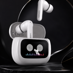 UGREEN Hybrid ANC Smart Touch Echo Earbuds White with smart display charging case on a luxury black background featuring premium wireless audio design.
